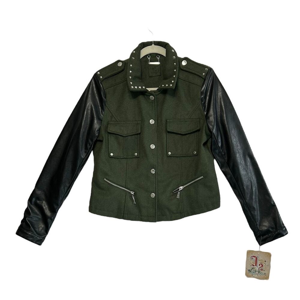 J2 Studded Faux Leather Sleeve Jacket NWT Women's Sz L Dark Green Biker Punk